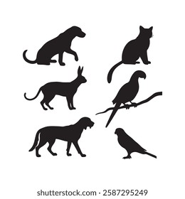 A set of detailed vector silhouettes of various animals