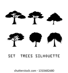 Set Detailed vectoral trees silhouette.vector illustration isolated on white background.  african, tropical Trees Silhouettes. abstract trees design eps.10 Detailed vectoral silhouettes of trees bushs