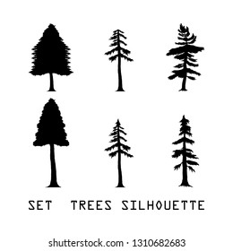 Set Detailed vectoral trees silhouette.vector illustration isolated on white background.  african, pine Trees Silhouettes. abstract trees design eps.10 Detailed vectoral silhouettes of trees bushs