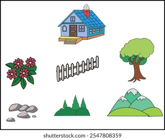 
Set of detailed vectors that create a beautiful house include: house, forest, mountains, fences, rocks, plants, trees.