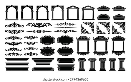 Set of detailed vintage frames, borders, arches, and columns. Ideal for graphic design, invitations, and decorative accents.