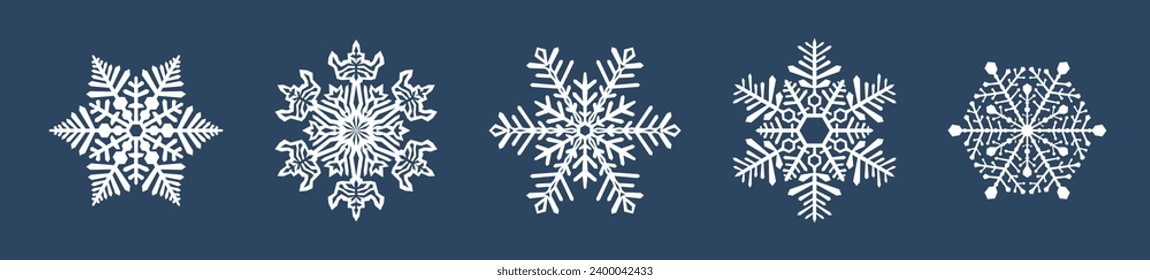 Set of detailed white snowflake icon collection isolated on blue background. Winter design elements, frozen symbols. Vector illustration
