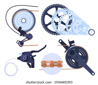 A set of details for a bicycle transmission. Rear and front sprockets, pedals, gear shift, pedal, chain, gear shift knobs. Vector illustration on a white background