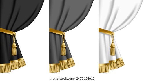 A set of details of a classic curtain in black, white and gray colors with gold decorations in 3d style isolated on white. Vector illustration