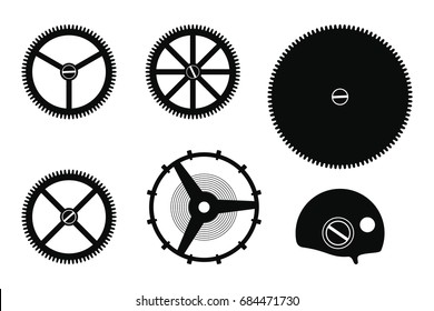 Set of details clock mechanism assembly isolated on a white background.