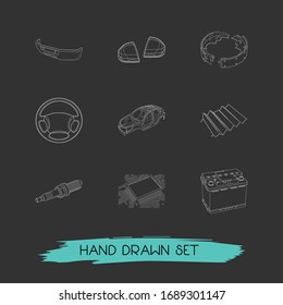 Set of details icons line style symbols with car brake shoe, tail light, car microcircuit and other icons for your web mobile app logo design.