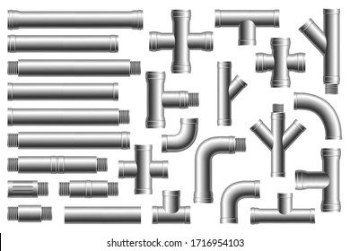 Set of details pipes different types collection. Stainless steel, metallic pipes, plumbing fittings. Water, fuel or gas supply system, oil refinery industry pipeline