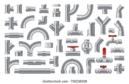 Set of  details pipes different types collection. Plumbing, water pipes sewage. Different types collection of water tube. Industry gas valve. Construction and industrial pressure technology plumbing. 