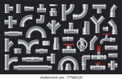 Set of  details pipes different types collection. Plumbing, water pipes sewage. Different types collection of water tube. Industry gas valve. Construction and industrial pressure technology plumbing. 