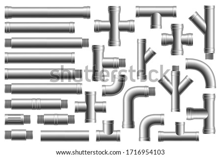 Set of details pipes different types collection. Stainless steel, metallic pipes, plumbing fittings. Water, fuel or gas supply system, oil refinery industry pipeline
