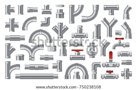 Set of  details pipes different types collection. Plumbing, water pipes sewage. Different types collection of water tube. Industry gas valve. Construction and industrial pressure technology plumbing. 