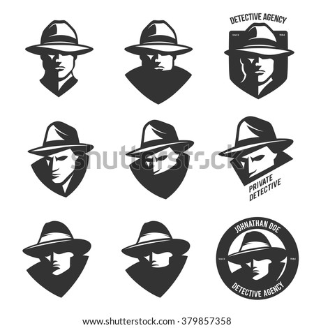 Set of detective agency emblems with abstract men heads in hats. Trendy design elements for labels, logos, badges. Vintage vector illustration