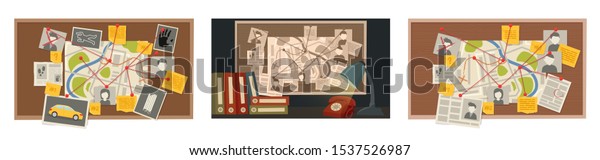 Set. Detective board. Examination boards\
with attached photographs, newspapers, and notes. The study. Vector\
illustration