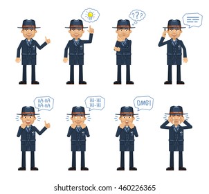 Set of detective characters in dark coat posing in different situations. Cheerful detective talking on phone, thinking, pointing up, laughing, crying, surprised. Flat vector illustration