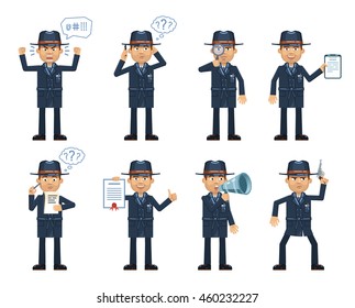Set of detective characters in dark coat posing in different situations. Cheerful detective talking on phone, thinking, angry, holding loudspeaker, gun, document, notepad. Flat vector illustration