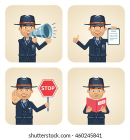 Set of detective characters in dark coat posing in different situations. Cheerful detective talking through loudspeaker, holding clipboard, stop sign, reading a book. Flat style vector illustration