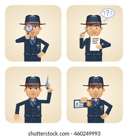 Set of detective characters in dark coat posing in different situations. Cheerful detective holding magnifying glass, gun, notepad, showing police badge. Flat style vector illustration