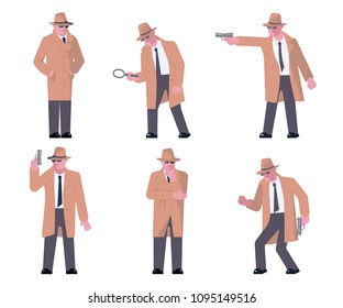 Set of Detective characters in different poses in flat design. Isolated. Vector illustration eps 10