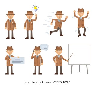 Set of detective characters posing in different situations. Cheerful detective talking on phone, pointing up, running, jumping, holding banner, pointing to whiteboard. Flat style vector illustration