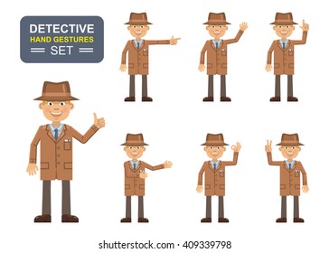Set of detective characters showing different hand gestures. Cheerful inspector showing thumb up gesture, greeting, waving, this way, pointing, victory hand. Flat style vector illustration