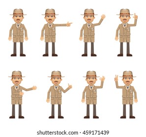 Set of detective characters showing different hand gestures. Cheerful inspector showing thumb up gesture, greeting, waving, this way, pointing, victory hand. Flat style vector illustration