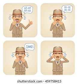 Set of detective characters showing different facial expressions. Cheerful detective laughing, surprised, crying, showing thumb up gesture. Flat style vector illustration