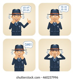 Set of detective characters showing different facial expressions. Cheerful detective laughing, surprised, crying, showing thumb up gesture. Flat style vector illustration
