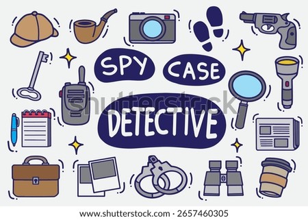 set of detective doodle with color good for background, wallpaper, element design, icon, etc