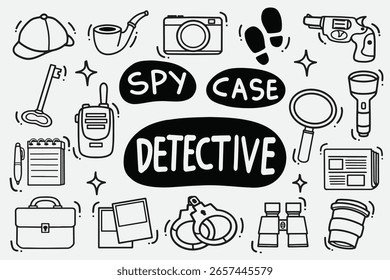 conjunto de detetive doodle bom para fundo, papel de parede, design de elemento, ícone, etc