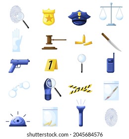 Set detective in flat style on white background. Police elements gun, badge, handcuffs, notes, bullet, fingerprint. Vector icon cap, court, judge of hammer, siren, tape, walkie Design illustration