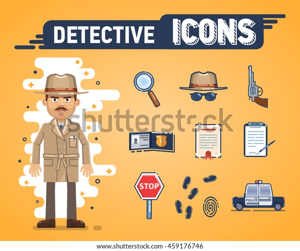 Set of detective icons. Confident detective\
in brown coat. Hat, magnifying glass, police car, fingerprints,\
badge, stop sign, notepad and other detective icons. Flat style\
vector illustration