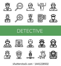Set of detective icons such as Cop, Policeman, Zoom out, Zoom in, Suspect, Fingerprint scan, Fingerprint identification, Detective, Riot police, Hack, Officer , detective