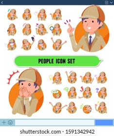 A set of Detective man with expresses various emotions on the SNS screen.There are variations of emotions such as joy and sadness.It's vector art so it's easy to edit.