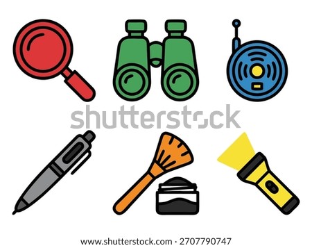 A set of detective tools and equipment, including a magnifying glass, binoculars, a pen, and a flashlight.