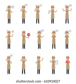 Set of detective woman characters showing different actions, emotions. Cheerful detective reading a book, holding document, clipboard, stop sign and doing other actions. Simple vector illustration