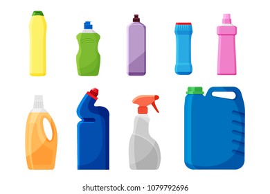 Set of detergent bottles or containers, cleaning supplies, washing powder icon. Vector illustration isolated on white background.