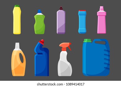 Set of detergent bottles or containers, cleaning supplies, washing powder icon. Vector illustration isolated on grey background.