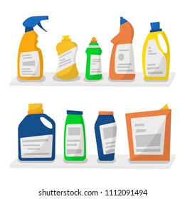 Set of detergent bottles and containers, cleaning supplies isolated on white background. Vector illustration, cartoon style.