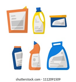 Set of detergent bottles and containers, cleaning supplies isolated on white background. Vector illustration, cartoon style.