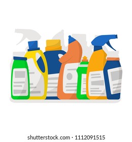 Set of detergent bottles and containers, cleaning supplies isolated on white background. Vector illustration, cartoon style.