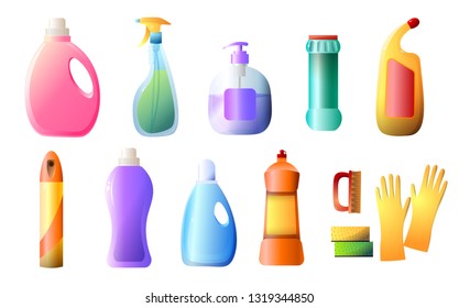 Set of detergent bottles, containers, cleaning supplies, washing powder, spray flat icon isolated on white background.