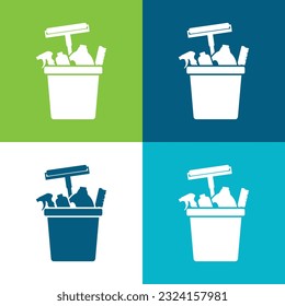 Set of detergent bottles and containers, cleaning supplies inside bucket silhouttes isolated on various background. Vector illustration.