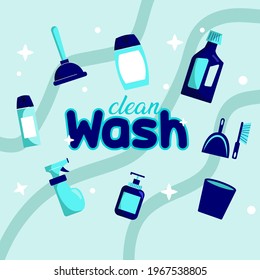 Set of detergent bottles or containers, detergents, scoop. Vector illustration