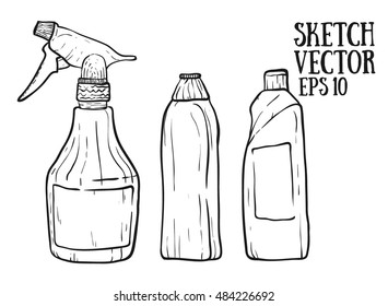 set of detergent container, doodle style, sketch illustration.