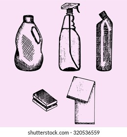 set of detergent container, sponge and cleaning cloth, doodle style, sketch illustration