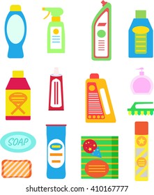 Set of detergent tools.Flat icons. Supplies isolated.  Cleaning company concept.