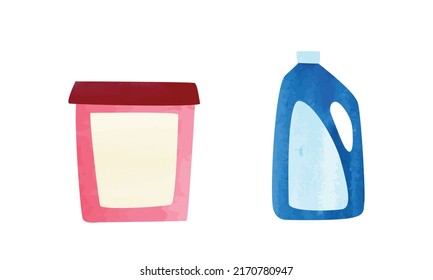 Conjunto de ilustraciones vectoriales de color de agua detergente aisladas en fondo blanco. Clipart detergente del lavavajillas. Dibujo de dibujos animados de botellas líquidas lavavajillas. Dodo del contenedor detergente dibujado a mano