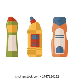 Set of detergents, colorful bottles of various shapes with dispenser. Cleaning products for home, household. Household chemicals. Vector illustration in flat cartoon style, isolated, white background