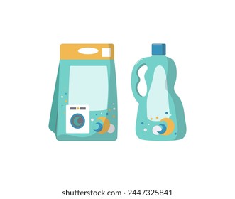 Juego de detergentes para lavar la ropa en la lavadora. Bolsa y botella con productos químicos domésticos. Ilustración vectorial, fondo aislado blanco.