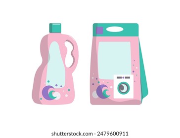 Set of detergents. Washing laundry in a washing machine. Pack of washing powder and gel in a plastic bottle. Household chemicals. Vector illustration, white isolated background.